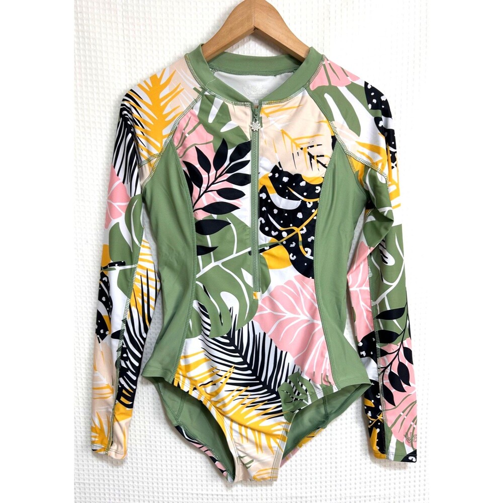 UV Skinz Womens size M UPF 50+ Long Sleeve Rash Guard Padded Swimsuit Retro j